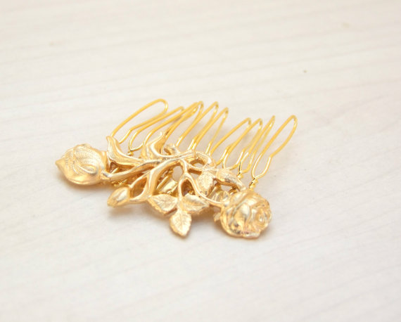 Mariage - Gold Rose Hair Comb,Bridal Hair comb Floral Hair Comb,Vintage Hair Jewelry Wedding Comb Wedding Hair Accessories