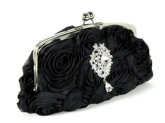 زفاف - Black Clutch, Black Bridal Clutch, Bridesmaids Clutch, Wedding Clutch, Black Evening Bag with Swarovski Crystal Brooch