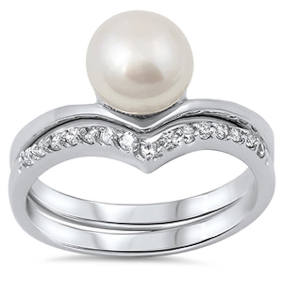 زفاف - Genuine Fresh Water Pearl Solid 925 Sterling Silver Round Simulated Diamond White Clear CZ Wedding Engagement Bridal Ring Band Matching Set