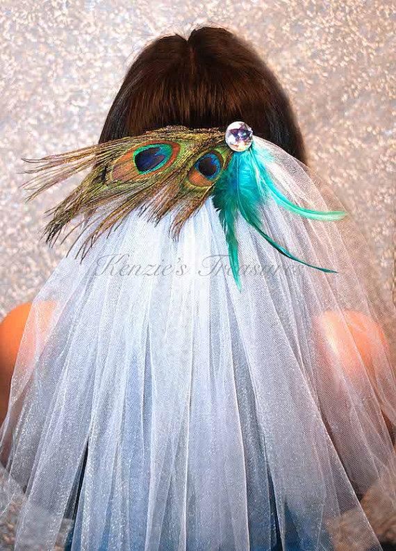 Hochzeit - Peacock Feather Bachelorette Party Veil - Comb or Barrette