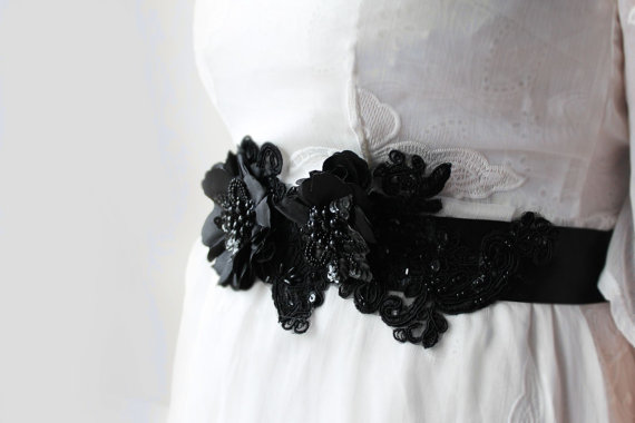 Wedding - Black Flower Wedding Belt Bridal Sash with Black Glass Pearls and Small Flower and Sequin Accents