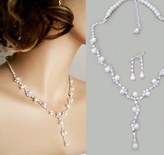 Свадьба - Wedding Jewelry Set Pearl Bridal Necklace Earrings Set, Rhinestone Bridal Pearl Jewelry, Bridesmaids Gift Jewelry Set