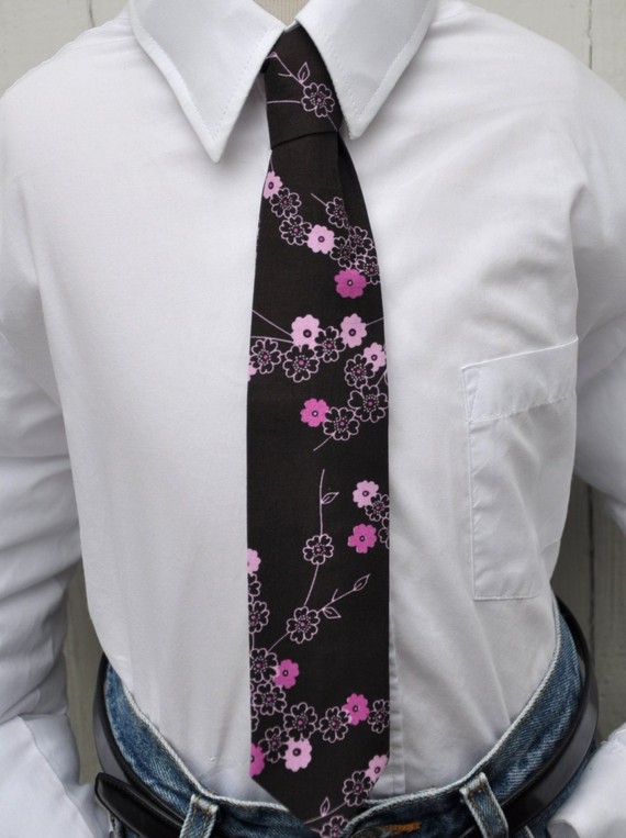 Mariage - Boys Necktie - Pink and Brown Cherry Blossoms