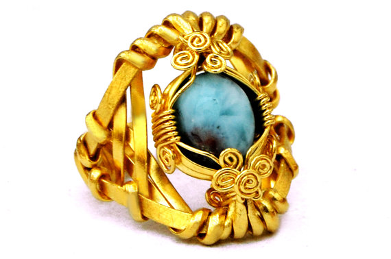 Wedding - Blue Engagement Ring Larimar Ring Gold Plated Ring Wire Wrap Ring Promise Ring Blue Gemstone Ring One of a Kind Ring Anniversary Rings