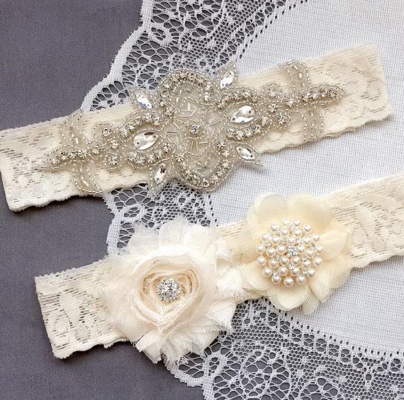 Hochzeit - Wedding Garter Belt Set Bridal Garter Set Ivory Lace Garter Belt Lace Garter Set Rhinestone Crystal Pearl Center Garter GR138LX
