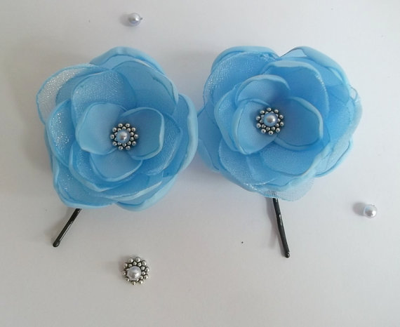 Wedding - Sky blue fabric flower in handmade Small flower Hair clip Bobby pin Shoe clip, Blue Weddings, Bridesmaids hair dress sash accessory Gift Set
