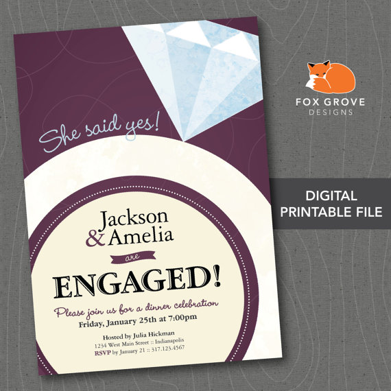 Hochzeit - Printable Engagement Party Invitation "Bling" / Customized Digital File (5x7) / Printing Services Available