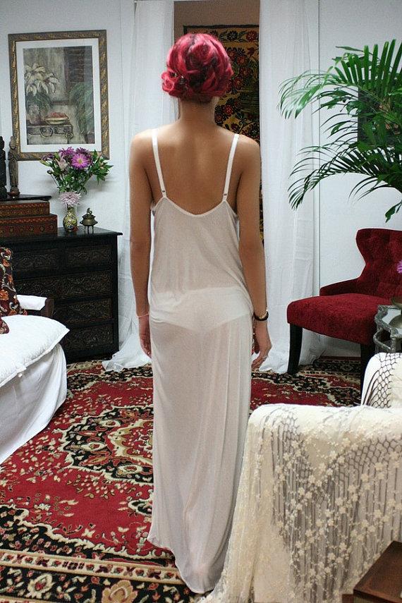 Hochzeit - White Silk Knit Slip Nightgown Bridal Cruise Lounge Sleepwear Lingerie