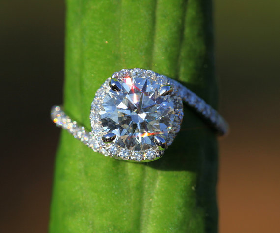 Mariage - 14k White gold - Diamond Engagement Ring - Halo - UNIQUE -  Thin Swirl - Pave - Weddings- Luxury- Brides - Bp0013