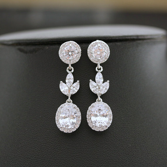 Wedding - Wedding Crystal Earrings Bridal Jewelry Silver Cubic Zirconia Bridal Earrings Wedding Jewelry