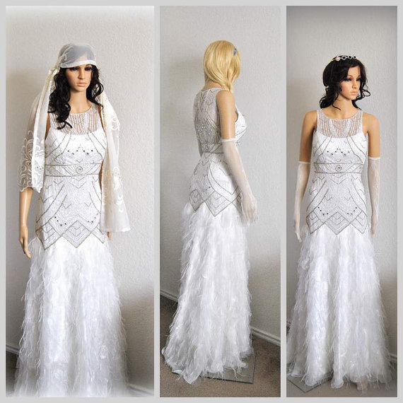 Hochzeit - Lavish Wedding Gown Romantic Bohemian Bridal Dress Beaded Evening Gown Feathers Crystals Pearls Unique Flapper Dress Restored