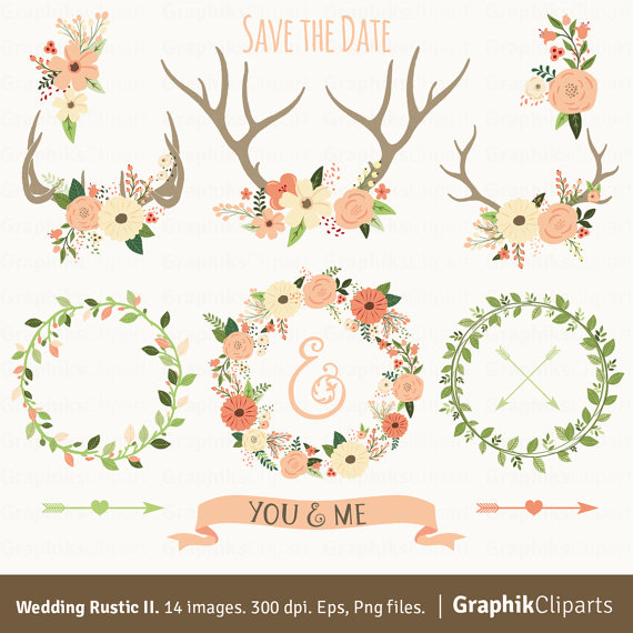 Hochzeit - Rustic Wedding Clipart II. "WEDDING CLIPART". Floral Antlers, Floral Wreaths, Arrows. 14 images, 300 dpi. Eps, Png files. Instant Download.