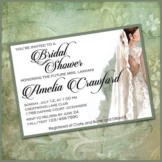Hochzeit - Bridal Shower Invitation / Bride in Wedding Gown, Backless Dress, Veil / Moss Green / DIY Printable PDF or JPG / Made to Order