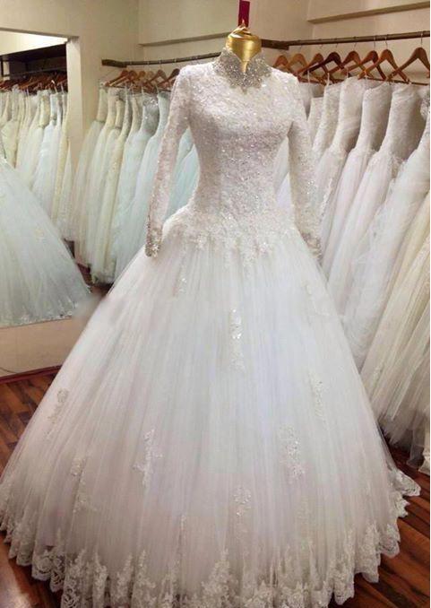 Mariage - New Long Sleeve High Necks 2015 Wedding Dressea Tulle Applique And Lace Beaded Wedding Dress Online with $129.24/Piece on Hjklp88's Store 