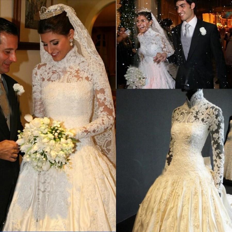 Mariage - Real Image Newest Glamorous High Neck Long Sleeve Imperial 2015 Wedding Dresses Lace Appliques Beads Chapel Train Royal Bridal Dress Gowns Online with $129.24/Piece on Hjklp88's Store 