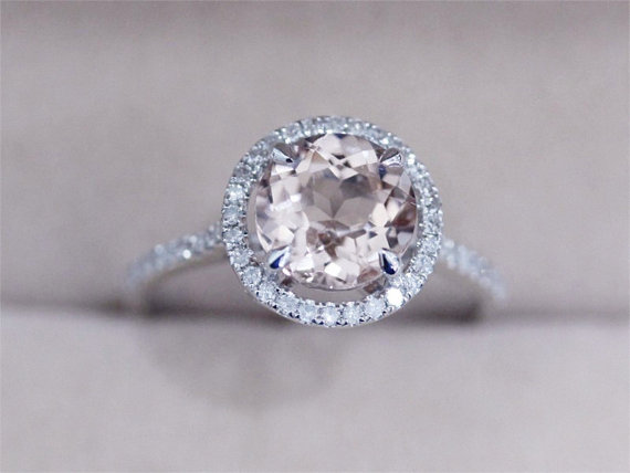 Mariage - VS 8mm Round Morganite Ring Prong Pave Diamond Wedding Ring Morganite Engagement Ring Solid 14K White Gold Ring Jewelry Gemstone Ring