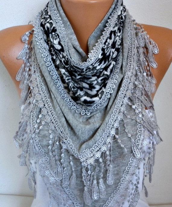 Hochzeit - Gray Knitted Scarf Shawl Cowl Lace Bridesmaid Bridal Accessories Gift Ideas For Her Women Fashion Accessories Mother Day Gift Best selling