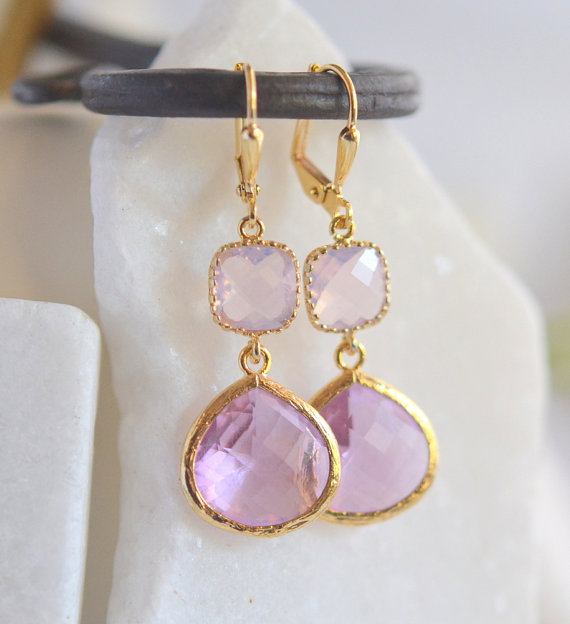 Wedding - Bridesmaid Earrings in Pink and Pink Opal. Jewel Dangle Earrings in Gold.  Jewelry Gift. Wedding. Bridesmaid Earrings. Bridal. Dangle. Drop.