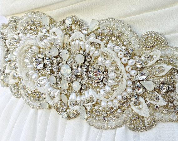 زفاف - Beaded Bridal Sash-Wedding Sash In Ivory With Crystals And Pearls, Wedding Dress Sash, Bridal Belt, Bridal Sash Applique, COLOR CHOICES