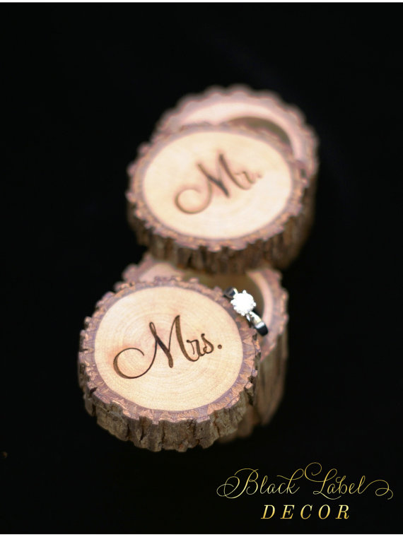 Hochzeit - Rustic Hickory Wood Ring Box, Alternative Tree Stump Ring Bearer Box - Custom Personalized - Cute Wedding, Anniversary, or Engagement gift!