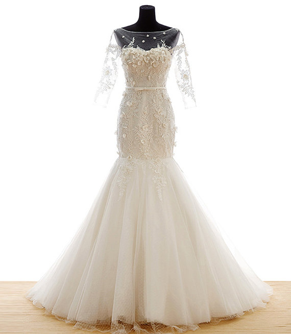 زفاف - Custom made Three-quarters sleeves small flowers wedding dress,Chic Fairy wedding dress with a lace three-quarter sleeve