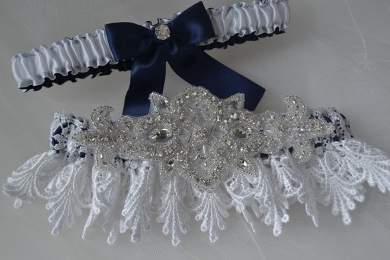 Hochzeit - Wedding Garter Set, Navy Blue And White Garters With White Venise Lace, Bridal Garter, Navy Garters