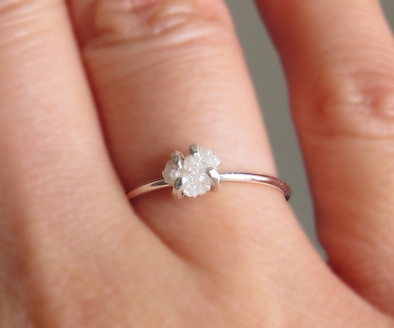 زفاف - White Raw Diamond Ring, Sterling Silver Uncut Diamond Ring, Rough Diamond Ring, Diamond Engagement Ring, Promise Ring, April Birthstone Ring