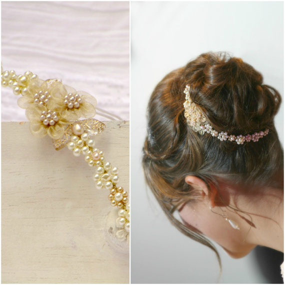 Wedding - PEARL FLOWER CROWN, bridal flower crown, Gold flower crown, Wedding tiara with pearls gold organza flowers, Bridal Gold hair flowers, Shir