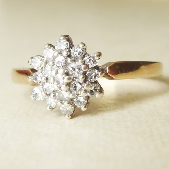 Wedding - Vintage Engagement Ring, 9k Gold 19 Diamond Flower Cluster Ring, Diamond & Gold Wedding Ring Approximate Size US 5