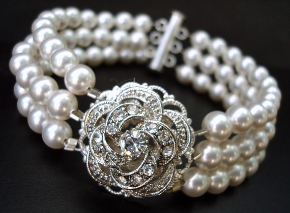 زفاف - Bridal Bracelet,Bridal Rhinestone Bracelet,Ivory or White Pearls,Rose Bracelet,Wedding Pearl Bracelet,Bridal Pearl Bracelet,Rose,ROSELANI