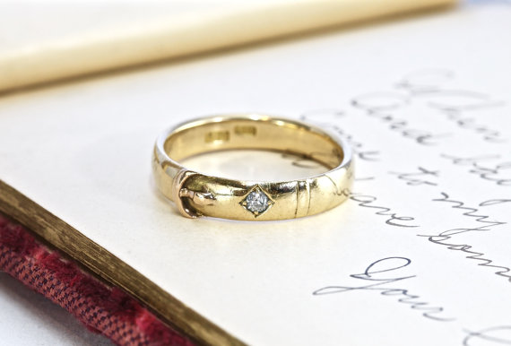 زفاف - Victorian 18k Belt Ring, Antique English, Yellow Gold Mine Cut Diamond, Garter Buckle Promise Commitment Love Token Wedding Band Circa 1850