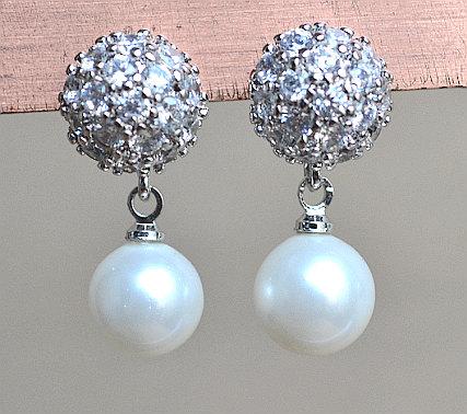 Mariage - pearl earrings,Wedding Jewelry ,Bridal Earrings, cubic zirconia earrings,white shell Pearl earrings,Jewelry,Maid of honor jewelry