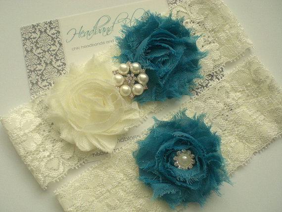 Hochzeit - TEAL Bridal Garter Set - Keepsake & Toss Wedding Garters - Chiffon Flowers Rhinestone Pearl Garters - Ivory Lace Garter - Prom Garter