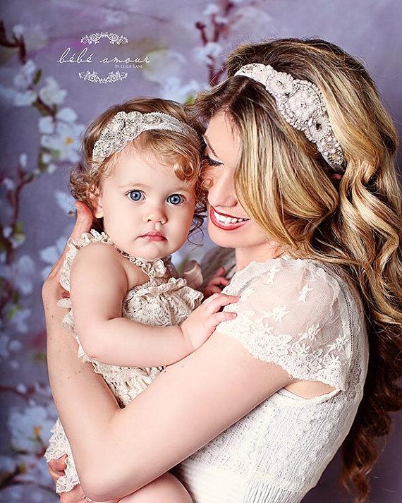 Mariage - Beautiful Rhinestone & Pearl Baby Headband on White or Ivory Lace Band. For Christening, Baptism, Wedding, Special Occasion, Photo Prop!!