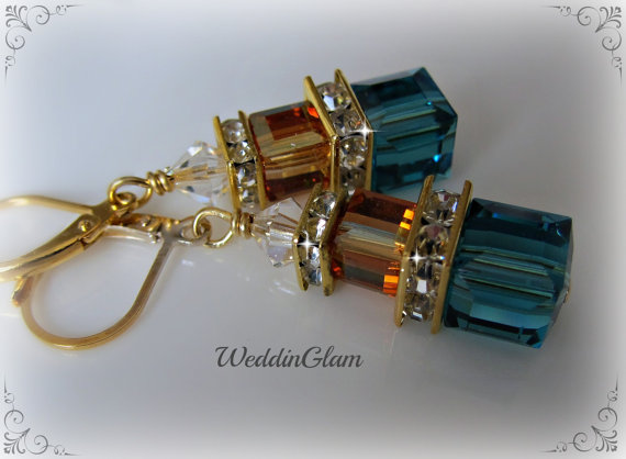 Свадьба - Teal and Champagne Copper Earrings, Teal Blue and Brown Jewelry, Gold wedding, Custom Wedding Bridesmaid Jewelry Handmade