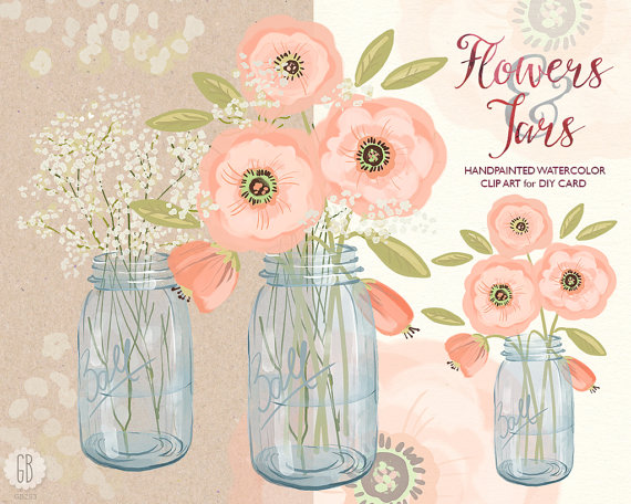 Hochzeit - Watercolor mason jar baby breath, cream pink flowers, hand painted, bouquet florals, clip art, watercolor invite, diy invite, rustic wedding