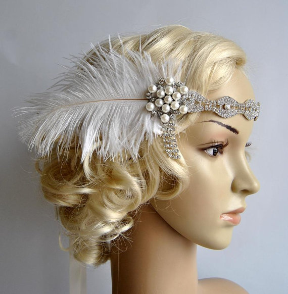 زفاف - Rhinestone Headband headpiece with feathers, Great Gatsby Headband, Wedding flapper headband,1920s Bridal rhinestone hair piece, prom