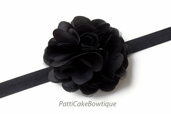 زفاف - Black Flower Headband, Satin & Tulle Black Flower Hair Clip w/ Black Headband, Weddings, Halloween Headband, Baby Headband, Toddler Headband