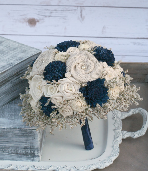 Wedding - Custom Hand Dyed Navy Blue & Wildflower Alternative Bride's Bouquet - Alternative Wedding Flowers - Wood Flowers, Fabric Rosettes, Burlap
