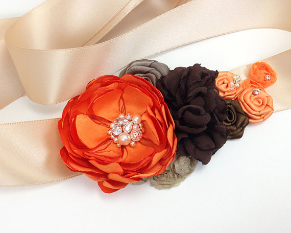 Wedding - Rustic Bridal Sash - Orange Brown Champagne Sash for Wedding, Bridesmaid, Formal occasion or an Event - Ready to Ship