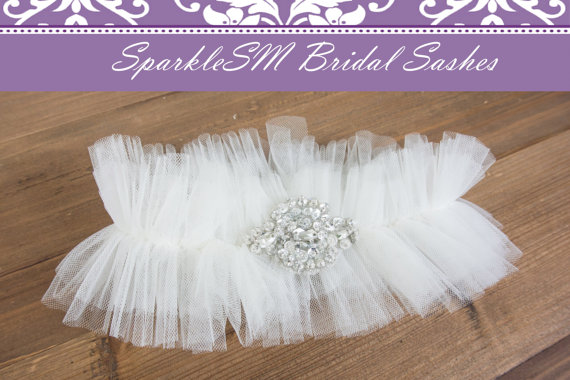 Свадьба - Rhinestone Bridal Garter, Organza Wedding Bridal Garter Belt, SparkleSM Bridal Sashes, Crystal Bridal Garter Belt - Everly