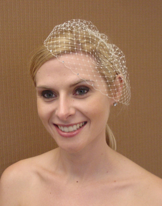Mariage - Small French / Russian Birdcage Veil With Swarovski Rhinestone Edge in Ivory White or Black - READY TO SHIP in 3-5 Days