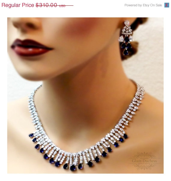 Свадьба - Wedding jewelry, bridesmaid necklace earrings, Regal crystal bridal statement, Royal Blue crystal jewelry set