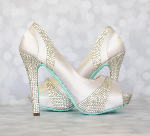 Hochzeit - Wedding Shoes -- White Platform Peep Toe Wedding Shoes with Silver Rhinestone Heel and Pleats and Blue Painted Sole