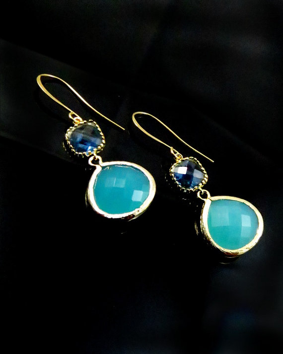 Hochzeit - Aquamarine and Sapphire Bezel Earrings, Gold Long Drop Earrings, Mothers Earrings, Wedding Jewelry, Bridal Jewelry, Mom Gift, Bridesmaids