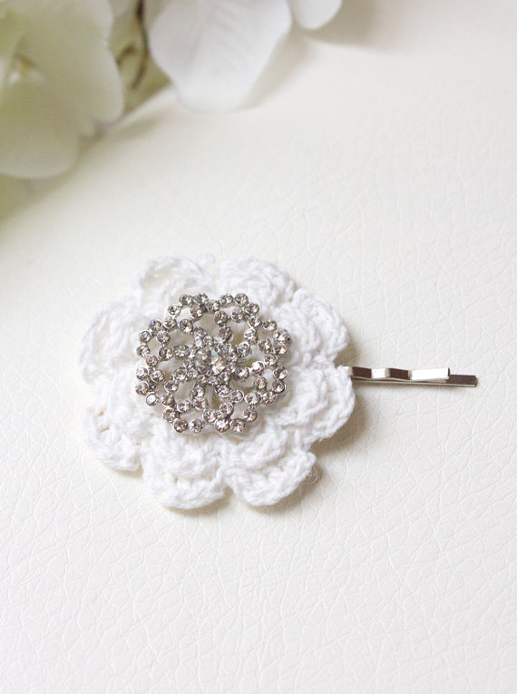 Wedding - Crystal Flower Crochet Hair Pin, Flower girl hair pin, Bridal Hair pin, Rhinestone Flower Pin, Bridesmaid hair pin, Wedding Hair Accessories