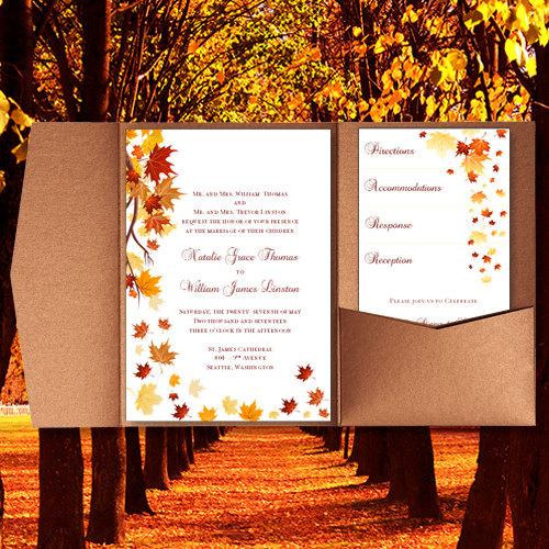 Wedding - Pocket Fold Wedding Invitations "Falling Leaves" Fall, Autumn or Thanksgiving Printable Templates Make Your Own Invitations You Print