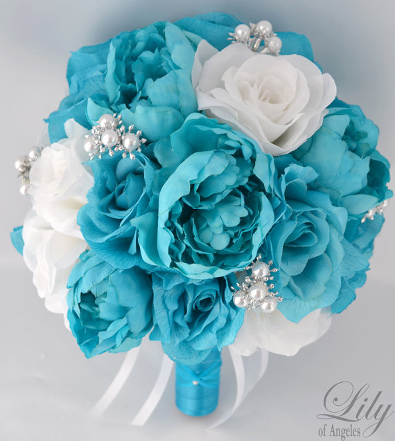 Mariage - RESERVED LISTING 11 pieces Package Wedding Bridal Bouquet Silk Flower Decoration "Lily of Angeles"