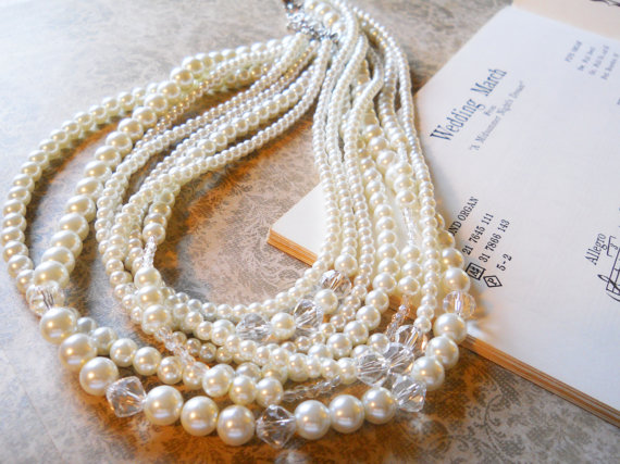 زفاف - Chunky Pearl Necklace Ivory Layered Pearl Crystal Wedding Necklace Multistrand Pearls Bridesmaids Jewelry Elegant Wedding Jewelry Bridal