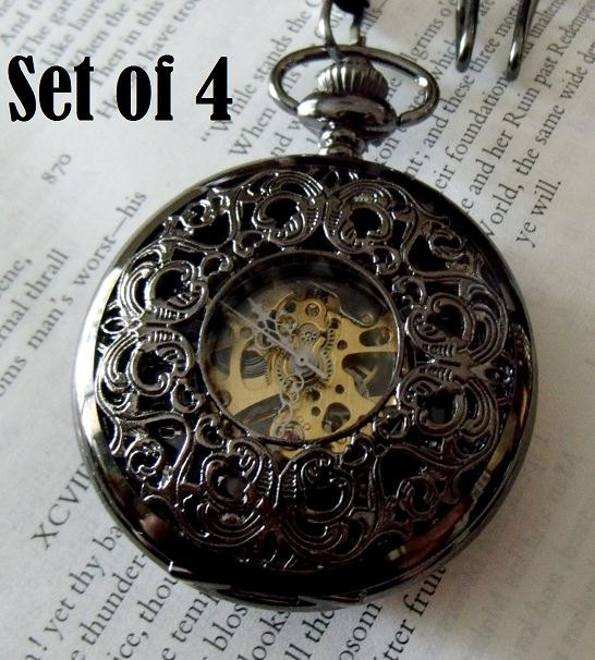 Hochzeit - Set of 4 Filigree Pocket Watches with Chains Gunmetal Gray Black Mechanical Groomsmen Gift Pocketwatch